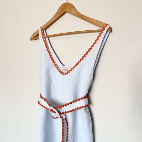 NWT Mason’s Daughter Sky Blue Linen Blend Belted Mini Dress with Red Ric Rac - Picture 2 of 7